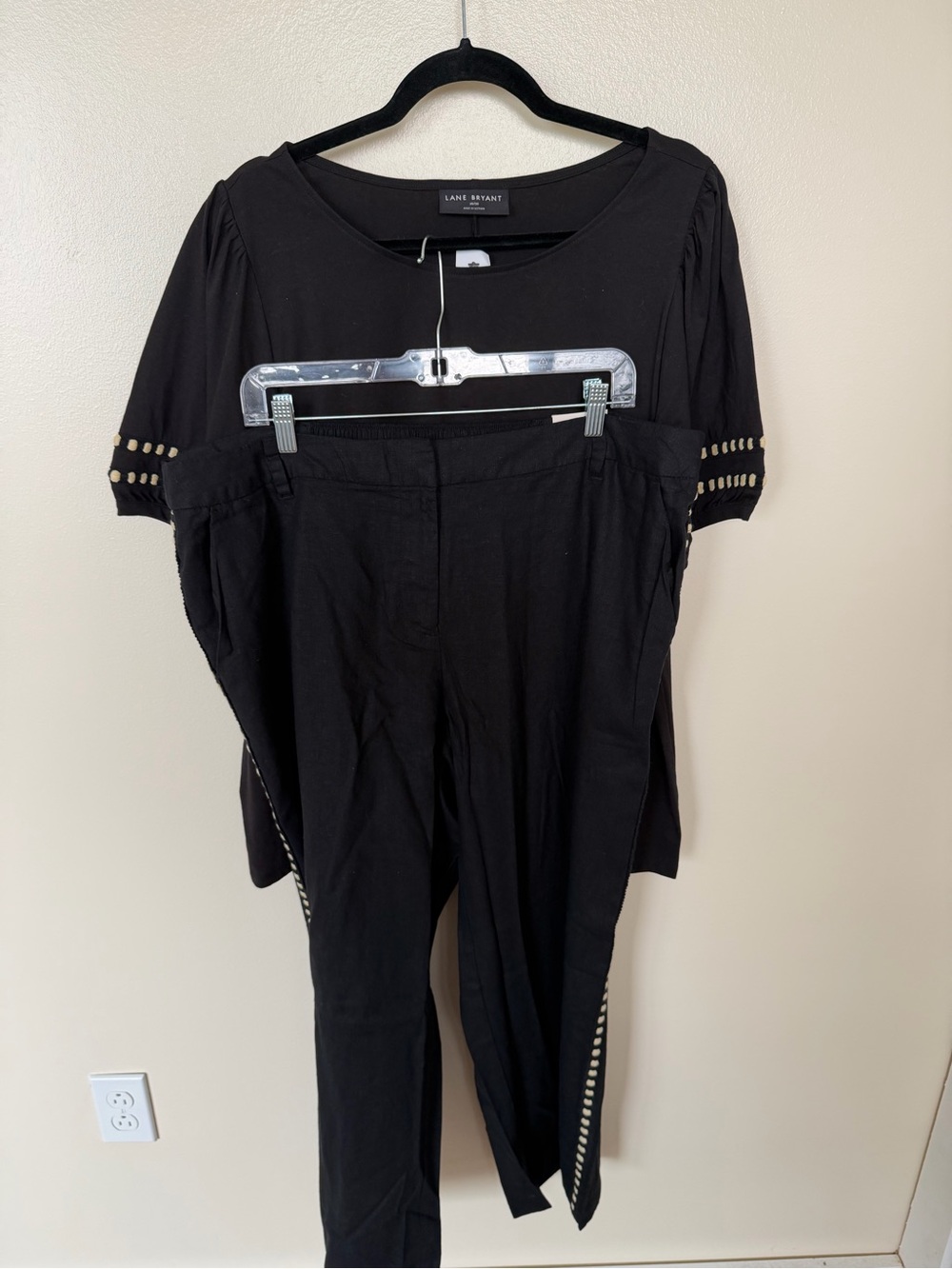LANE BRYANT Black & Cream Polkadot Trim Blouse & Soft Linen Blend Straight Pant